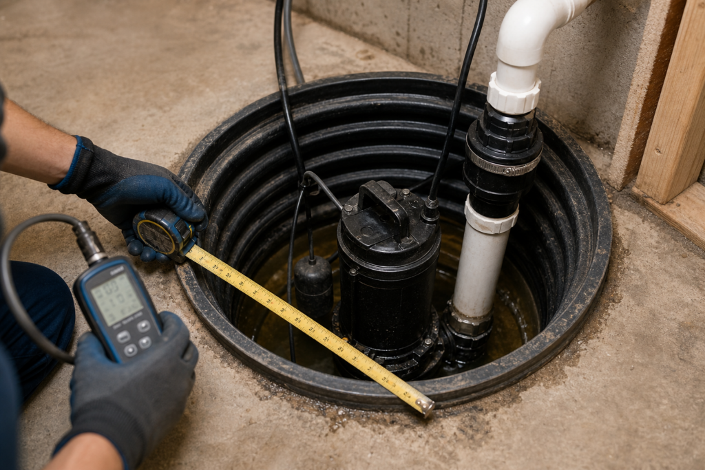 Sump pump basin and discharge system measured for installation capacity