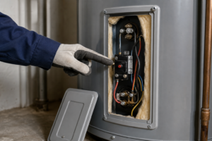 Electric tank water heater high-limit reset button during a professional safety inspection