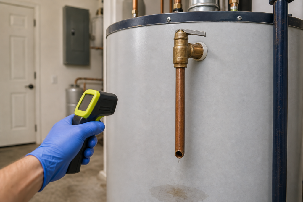 Water heater relief valve and discharge pipe checked with an infrared thermometer