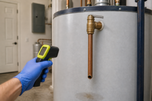 Water heater relief valve and discharge pipe checked with an infrared thermometer
